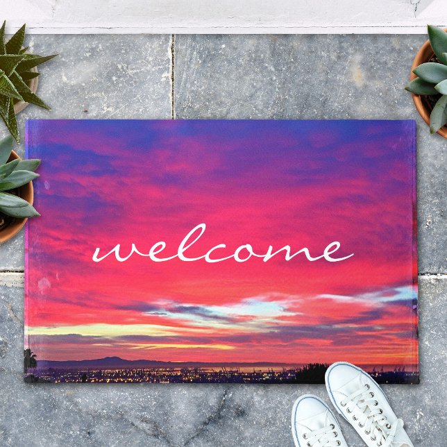 Welcome Hot Pink Blue Clouds Sunset Photo Modern Doormat (Creator Uploaded)
