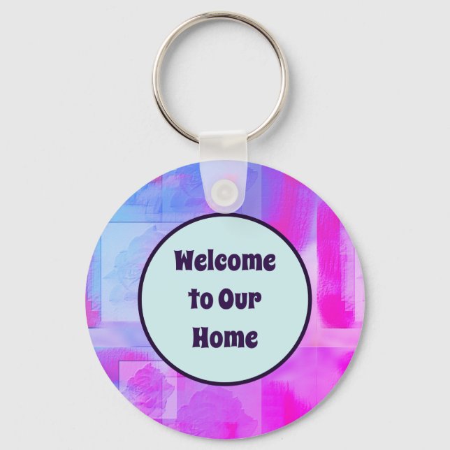 Welcome House Guest Vacation Abstract Floral Keychain (Front)