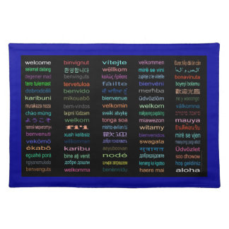 Welcome in 80 Languages Black Placemat Blue Border