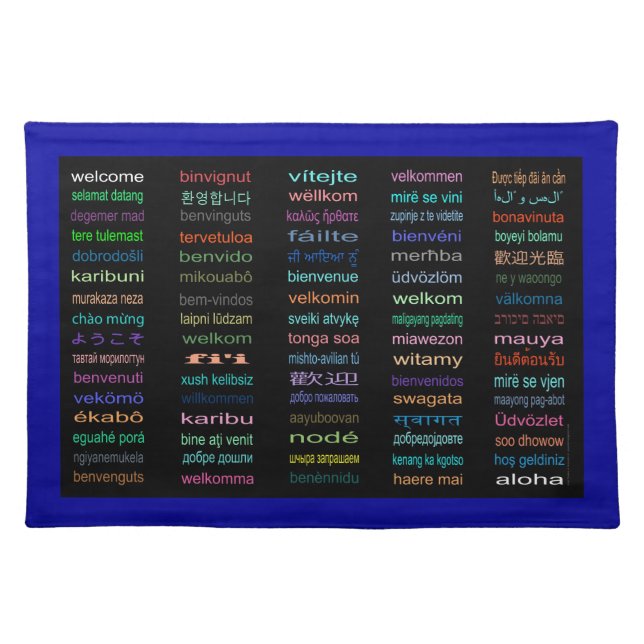 Welcome in 80 Languages Black Placemat Blue Border (Front)