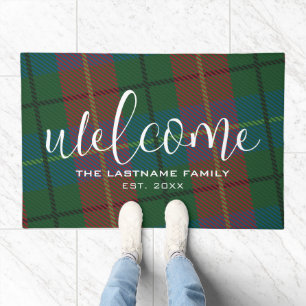 Welcome in Big Script - Family Name Plaid Pattern Doormat