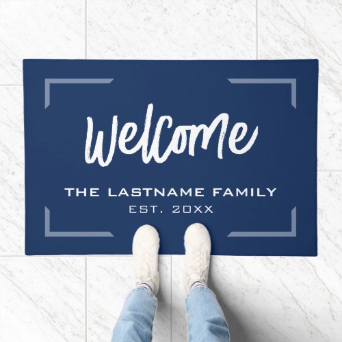 Welcome in Big Script with Family Name Navy Doormat