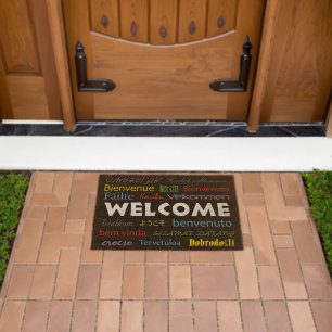 Welcome in Different Languages Black Background Fiber Doormat