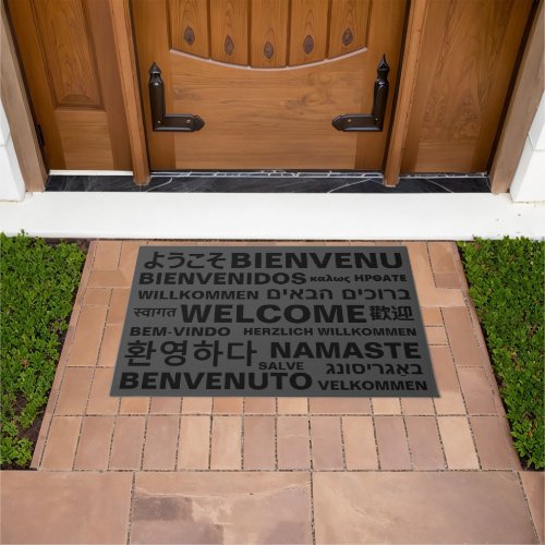 Welcome in different languages black gray modern doormat
