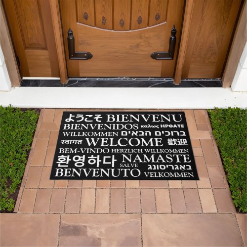 Welcome in different languages black white elegant doormat