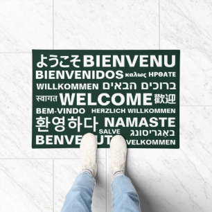 Welcome in different languages dark green modern doormat