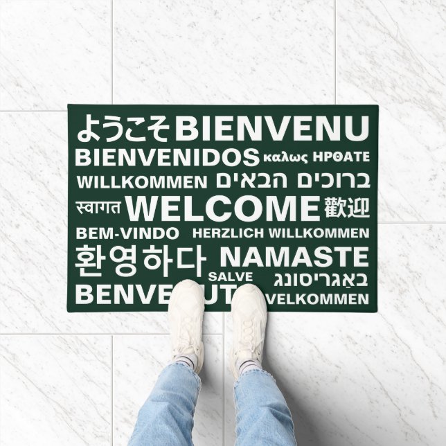 Welcome in different languages dark green modern doormat (Indoor)