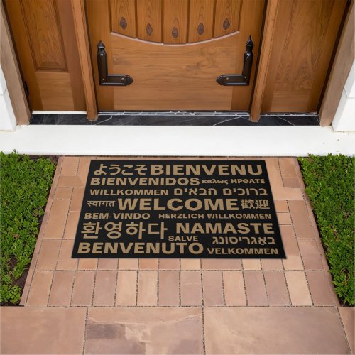 Welcome in different languages gold black modern doormat