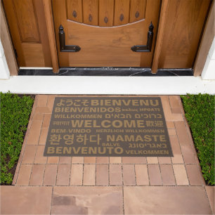 Welcome in different languages gold brown modern doormat