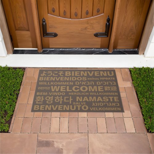 Welcome in different languages gold brown modern doormat