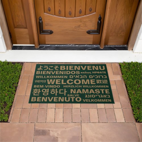 Welcome in different languages gold green modern  doormat