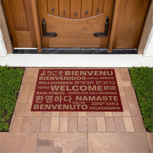 Welcome in different languages gold maroon modern doormat