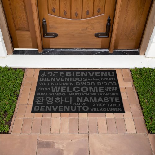 Welcome in different languages grey black modern doormat