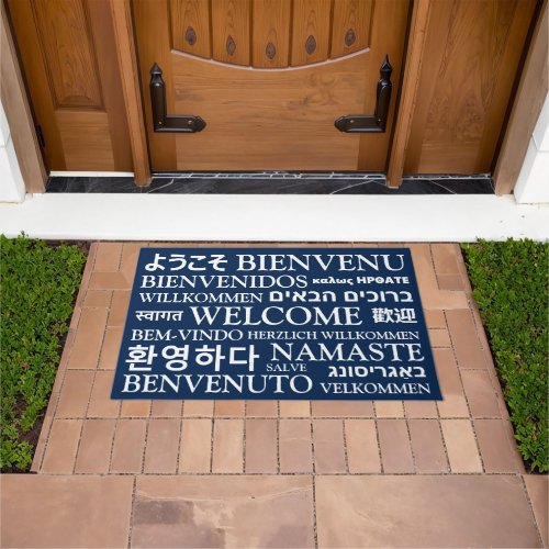 Welcome in different languages navy blue elegant doormat