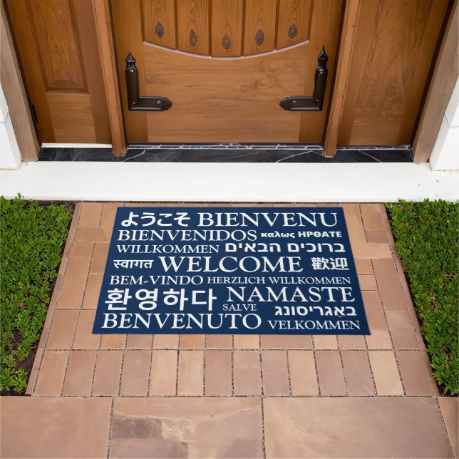 Welcome in different languages navy blue elegant doormat (Outdoor)