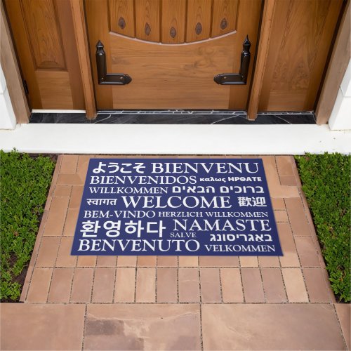 Welcome in different languages navy blue elegant doormat