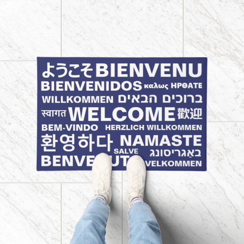 Welcome in different languages navy blue modern doormat
