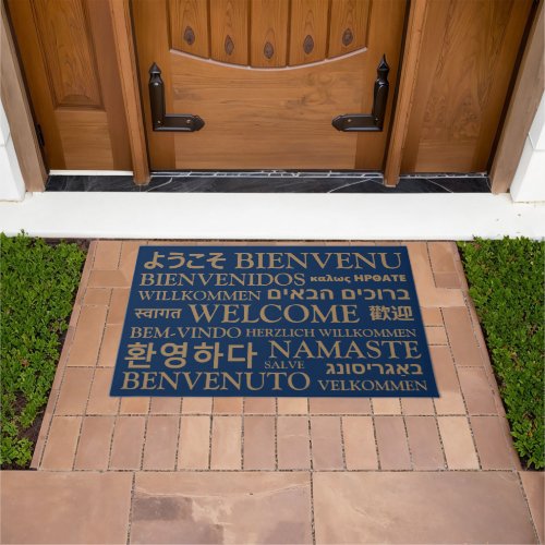 Welcome in different languages navy gold elegant doormat