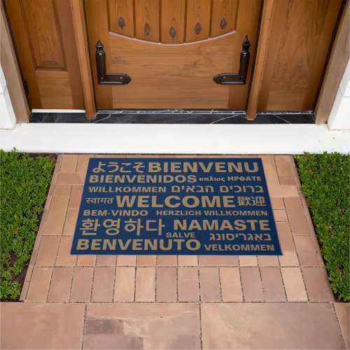 Welcome in different languages navy gold modern doormat