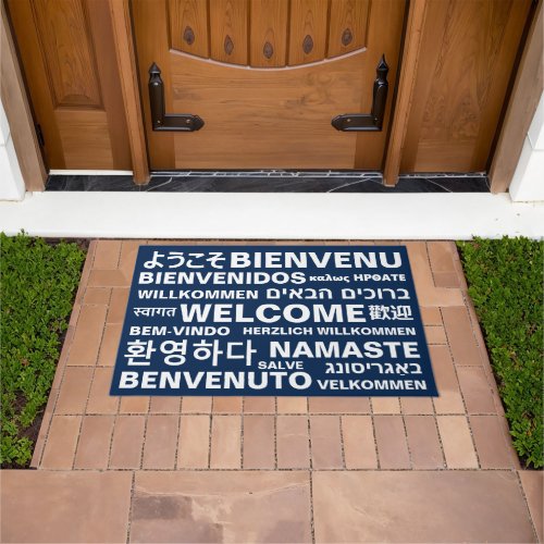 Welcome in different languages navy white modern doormat