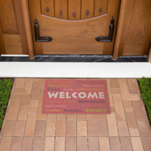 Welcome in Different Languages Text Pink Fiber Doormat