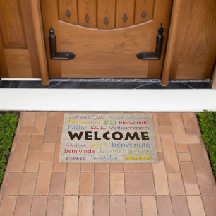 Welcome in Different Languages Text White Fiber Doormat