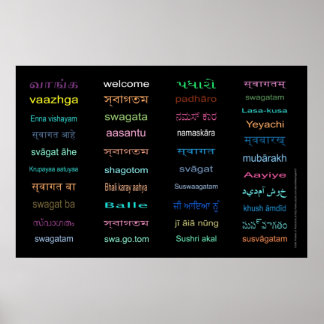 WELCOME in Languages of INDIA- 5 Sizes, BLACK Poster