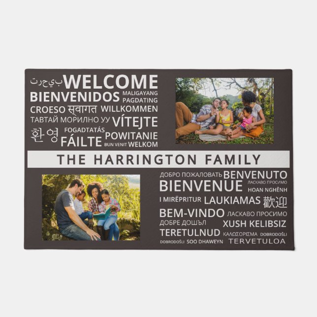 WELCOME in languages with YOUR name & 2 photos Doormat (Front)