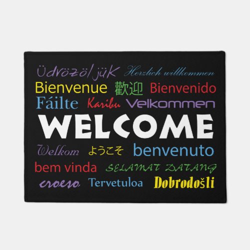 Welcome in Many Languages Black Background Doormat