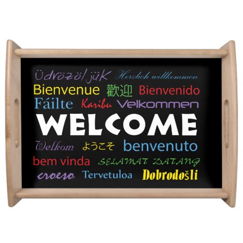 Welcome in Many Languages Black Background  Serving Tray