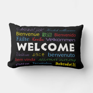 Welcome in Many Languages Black Colorful Lumbar Pillow
