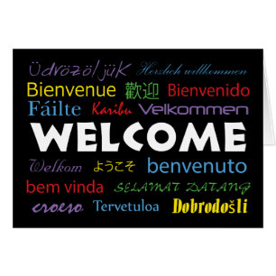 Welcome in Many Languages Black White Red Yellow