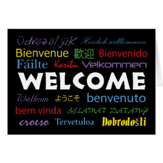 Welcome in Many Languages Black White Red Yellow