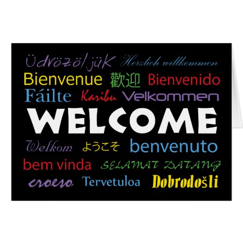 Welcome in Many Languages Black White Red Yellow
