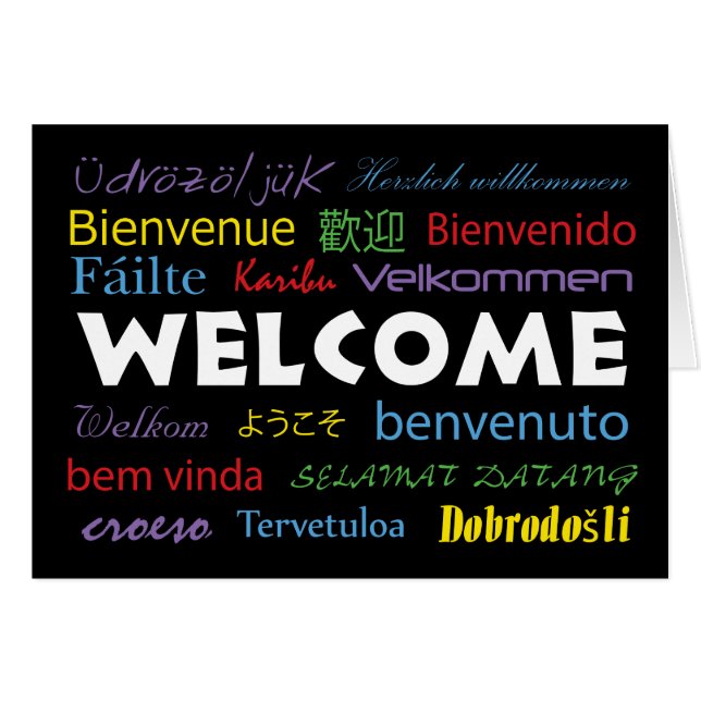 Welcome in Many Languages Black White Red Yellow (Front Horizontal)