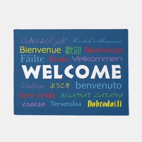 Welcome in Many Languages Blue Background Doormat