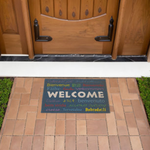 Welcome in Many Languages Blue Background Fiber Doormat