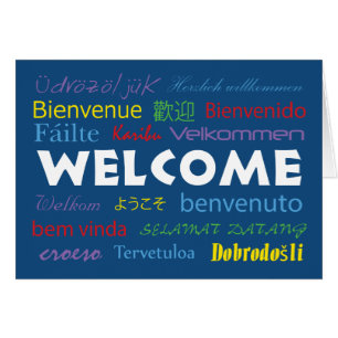 Welcome in Many Languages Blue Personalize Cards