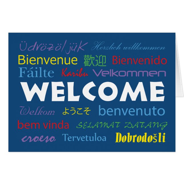 Welcome in Many Languages Blue Personalize Cards (Front Horizontal)