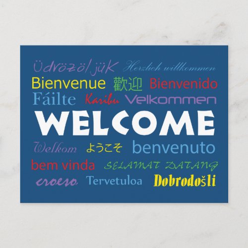 Welcome in Many Languages Blue White Postcard