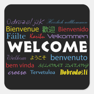 Welcome in Many Languages Colorful Black Modern Square Sticker