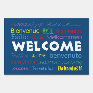 Welcome in Many Languages Colorful Modern Blue Sign