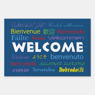 Welcome in Many Languages Colorful Modern Blue Sign