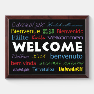 Welcome in Many Languages Colorful Text Award Plaque