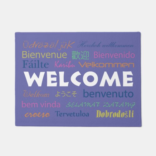 Welcome in Many Languages Perwinkle Blue Doormat
