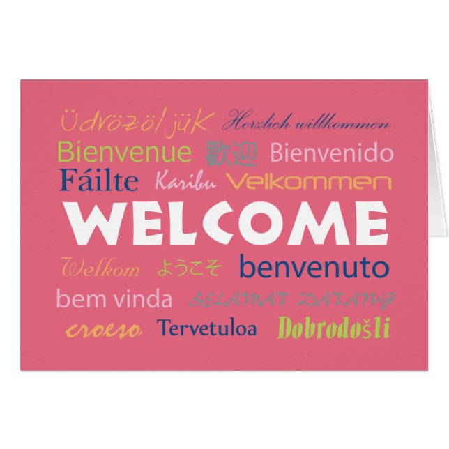 Welcome in Many Languages Pink Cute Personalize Cards (Front Horizontal)
