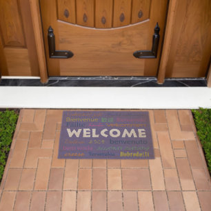 Welcome in Many Languages Typography Periwinkle  Fiber Doormat