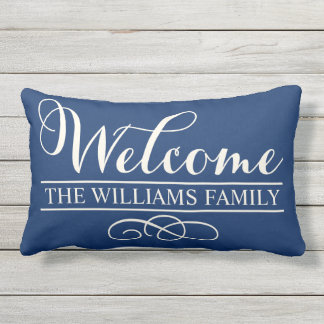 Welcome in Script | Navy Blue Custom Outdoor Pillow