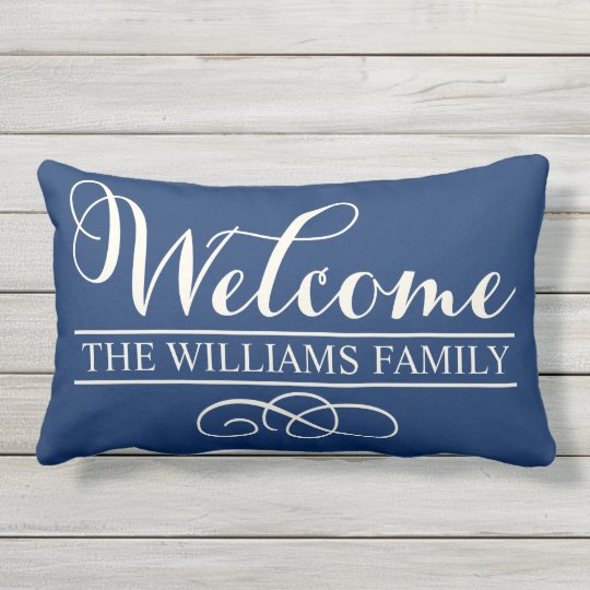 Welcome In Script Navy Blue Custom Outdoor Pillow Zazzle Com