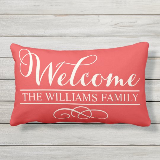 Welcome In Script Poppy Red Custom Outdoor Pillow Zazzle Com